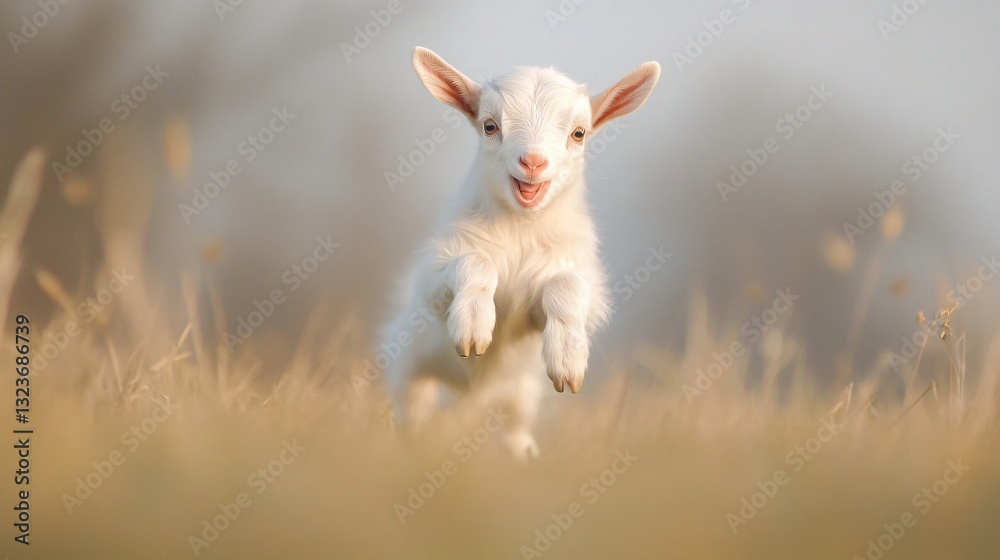 Fototapeta premium Playful young lamb jumping through a meadow, fluffy white coat, bright eyes, capturing joy of springtime in nature.
