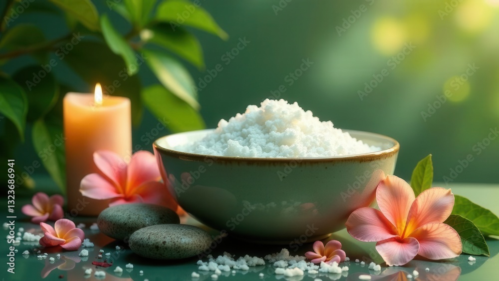 Serene Spa Setting with Aromatic Salts, Blooming Flowers, and a Gentle Candlelight Serene Spa Setting with Aromatic Salts, Blooming Flowers, and a Gentle Candlelight