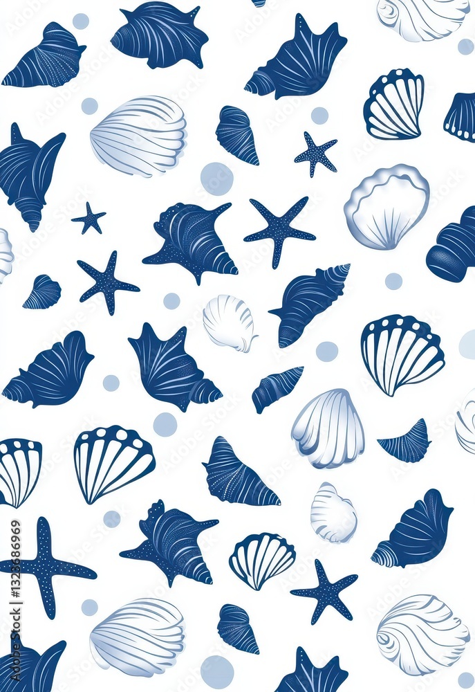 custom made wallpaper toronto digitalThe artwork displays an array of seashells and starfish in shades of blue on a plain white background, creating a fresh and coastal feel. This design evokes a serene beach atmosphere