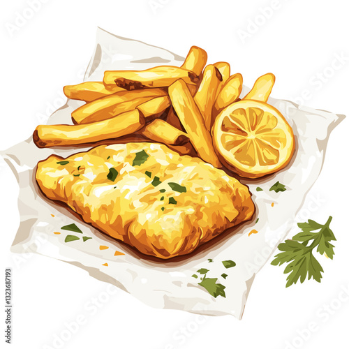 Battered fish and chips with a lemon wedges chip on wrap paper isolated on a white background