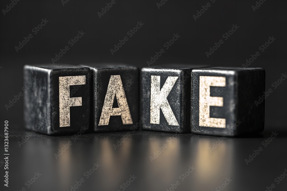 Obraz premium 3D Render of 'FAKE' on Black Matte Cubes with White Letters – Dark Elegant Background