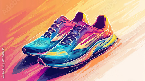 Colorful running shoes in an artistic digital illustration with bold strokes and vibrant hues.