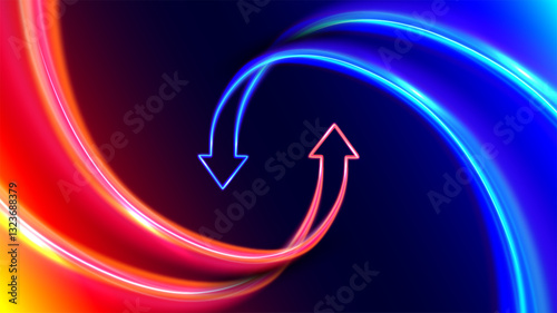 Circulation arrows in motion. Hot and cold. Futuristic 3D neon style. Two arrows go round. Exchange and money transfer.