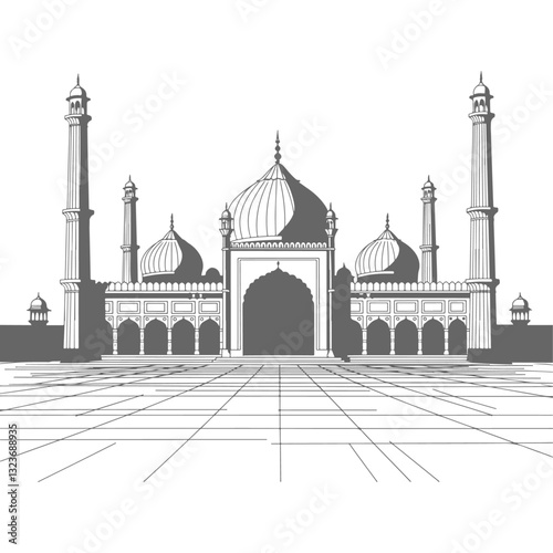 Detailed Black and White Vector Illustration of the Jama Masjid Showcasing Majestic Islamic Architecture with Grand Domes and Towering Minarets
