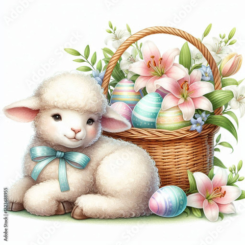 a beautifully detailed Easter lamb with a pastel ribbon around its neck, sitting beside a decorated wicker basket filled with eggs and lilies, created in a soft watercolor-inspired vector style 