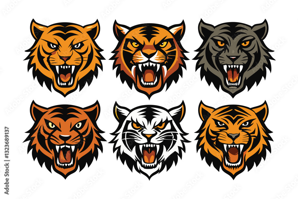Fototapeta premium Tiger head mascot collection, tiger icon set. Vector illustration