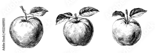 Hand drawn apple illustrations in black and white ink sketch style, featuring detailed shading, realistic texture, leaves, stems, and organic details, resembling vintage botanical drawings.