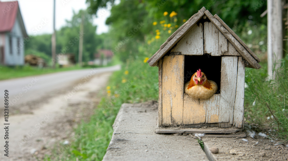 Pig farm, A chicken peeks out from its rustic wooden coop. Pig farm, A chicken peeks out from its rustic wooden coop.