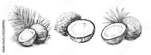 Hand drawn black and white illustration of whole and halved coconuts with palm leaves, detailed vintage tropical fruit sketch, realistic coconut engraving, isolated on white