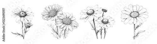 Hand drawn black and white illustration of daisy flowers with stems and leaves, detailed vintage botanical sketch, realistic floral engraving, nature-inspired line art, isolated on white