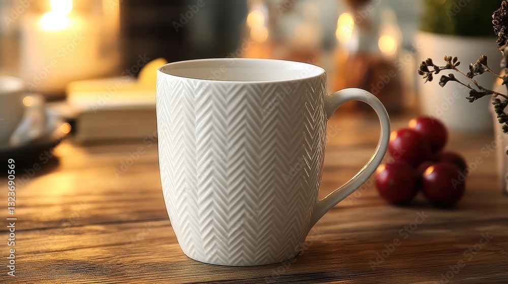 Fototapeta premium A charming chevron-patterned mug, crafted from fine porcelain, invites you to indulge in a moment of warmth and comfort with every sip of your daily coffee or tea. Its elegant design adds a touch of