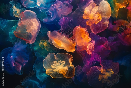 Vibrant, colorful jellyfish underwater.  A mesmerizing display of bioluminescent sea creatures in their natural habitat.