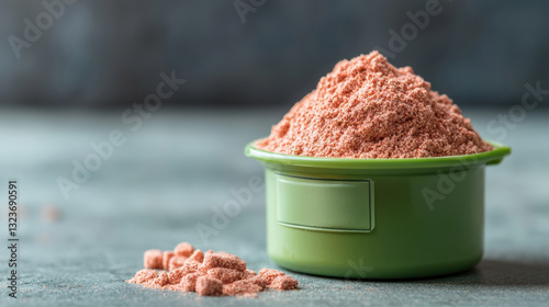 Dietary Supplement with Amino Acids and BCAAs, Protein powder in green measuring cup on table