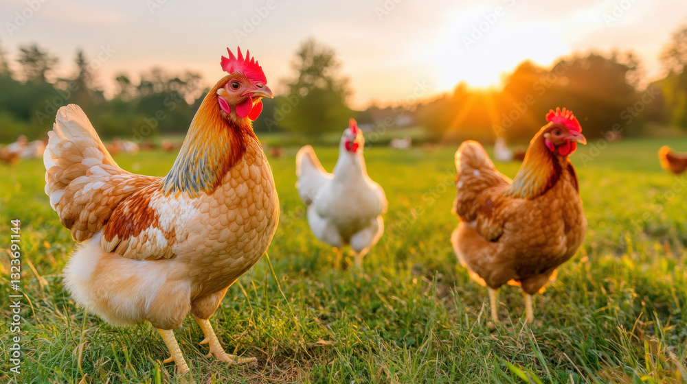 Fototapeta premium chicken farm, Chickens walking in a grassy field during sunset.