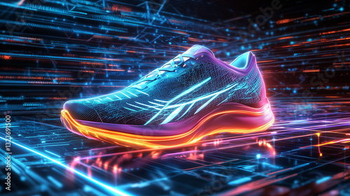 Wallpaper Mural Futuristic neon-glowing running shoe in a cyberpunk style, symbolizing speed and modern technology. Torontodigital.ca