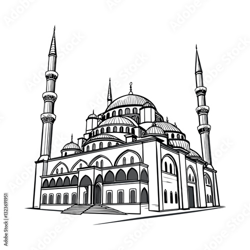 Vector Mosque Illustration with Domes and Minarets. Generative AI