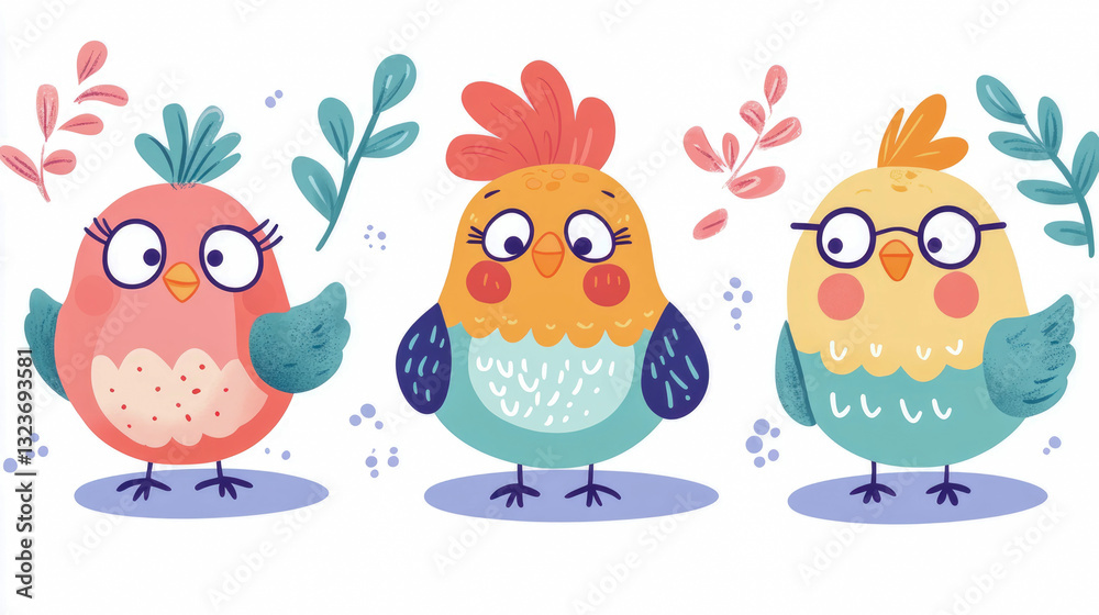 Obraz premium Whimsical Bird Trio - Print for kids room, invitation card featuring cute birds, plants and a cheerful, colorful, bright aesthetic, for spring celebration