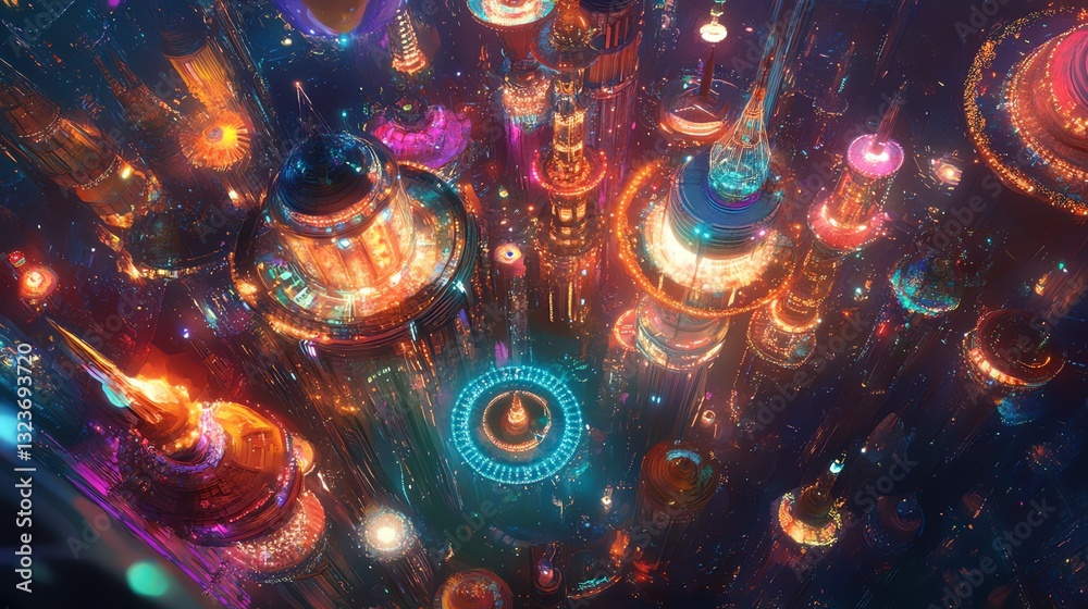Aerial view of a vibrant, futuristic city at night Aerial view of a vibrant, futuristic city at night