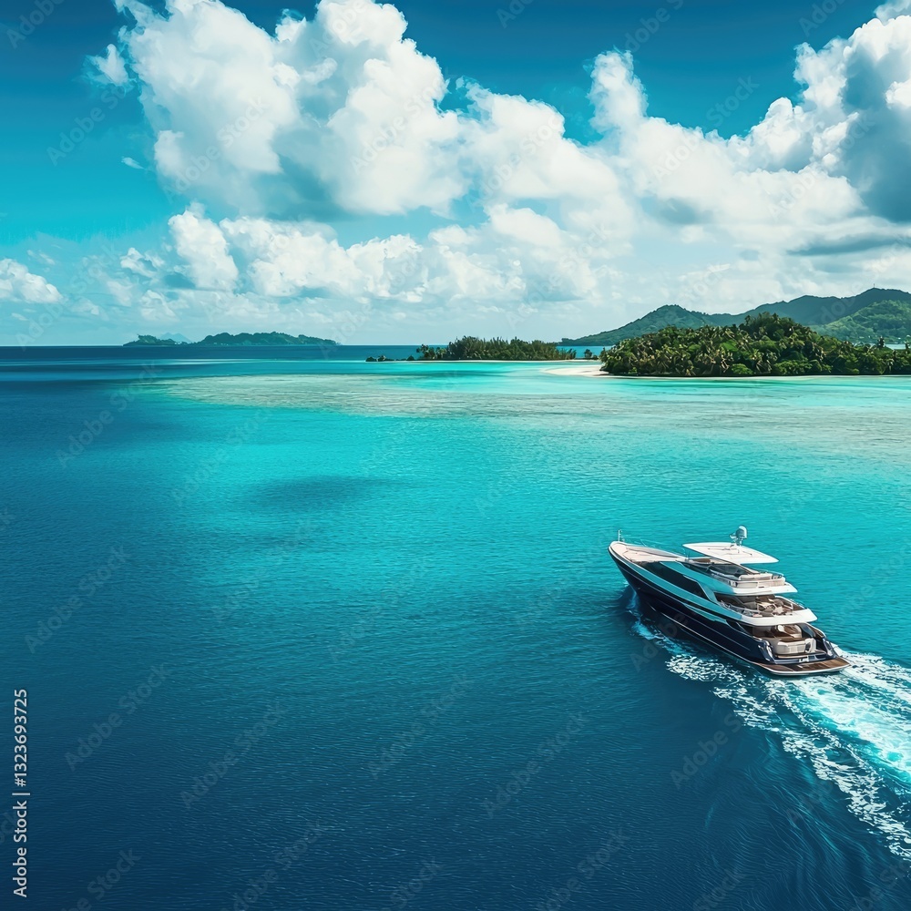 Luxury yacht sailing near a tropical island with crystal-clear water. Exclusive travel, ocean adventure, summer vacation, exotic paradise, premium leisure. Generative AI. Luxury yacht sailing near a tropical island with crystal-clear water. Exclusive travel, ocean adventure, summer vacation, exotic paradise, premium leisure. Generative AI.