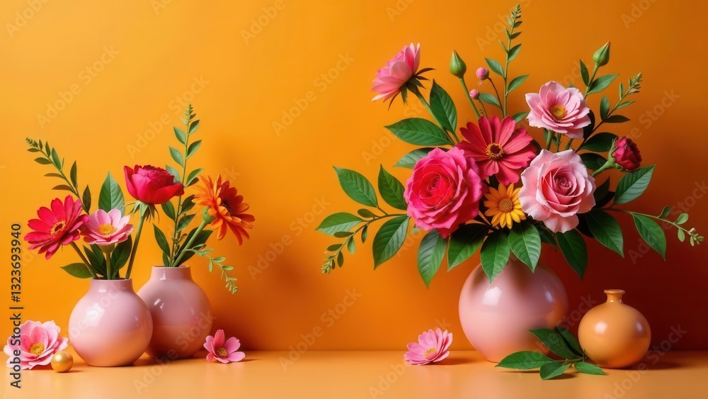 Obraz premium Vibrant floral arrangements in pastel pink vases against a bright orange backdrop, showcasing a delightful composition of colorful blooms and lush greenery