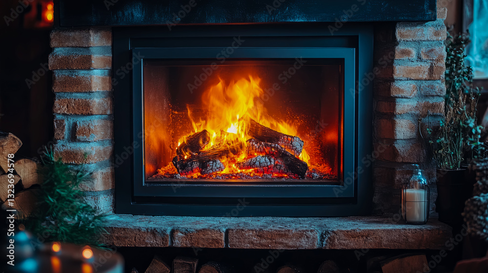 Cozy winter night: warm fire within a stone fireplace, a comforting glow on a cold evening. Cozy winter night: warm fire within a stone fireplace, a comforting glow on a cold evening.