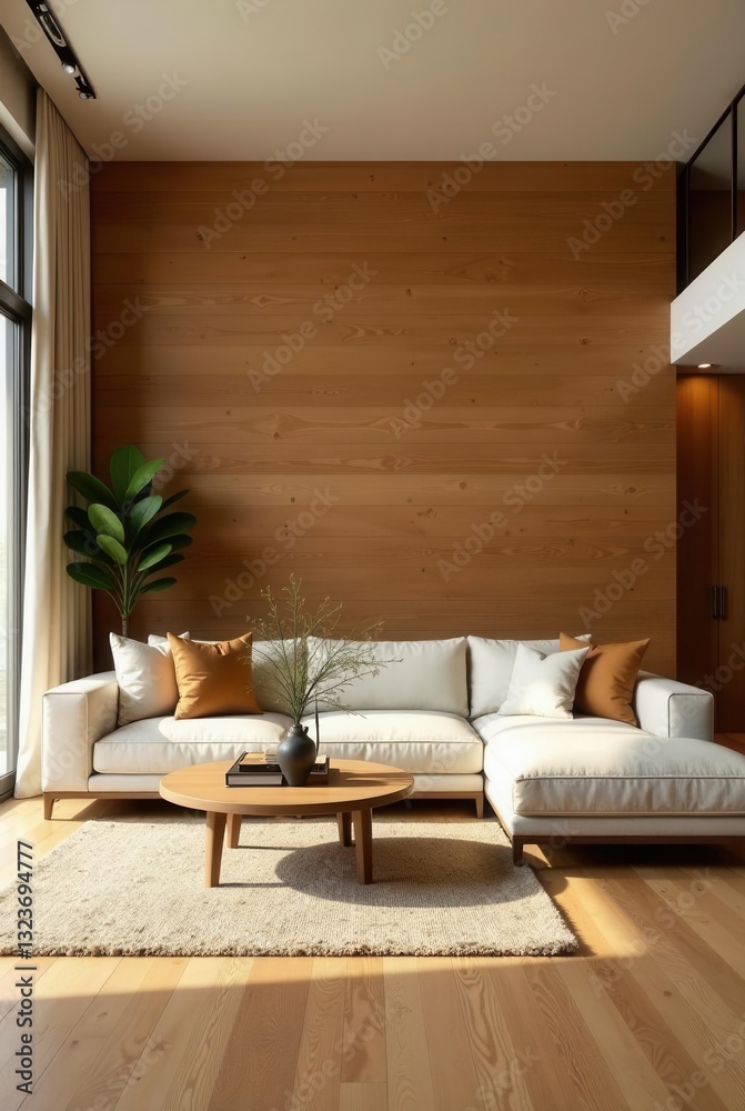 Fototapeta premium Modern Sectional Sofa in a Minimalist Living Room with a Wooden Wall Feature and Natural Light