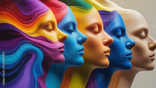 Abstract human head silhouette with colorful paint and graphic brain concept photo
