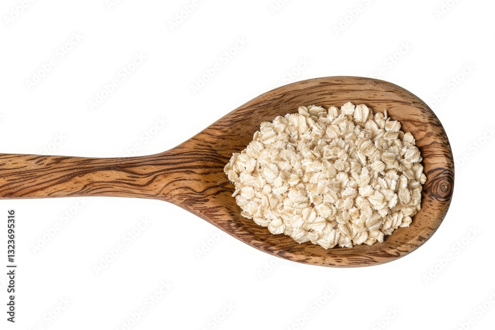 vibrant color image of Uncooked oatmeal in wooden spoon isolated on white top view vibrant color image of Uncooked oatmeal in wooden spoon isolated on white top view