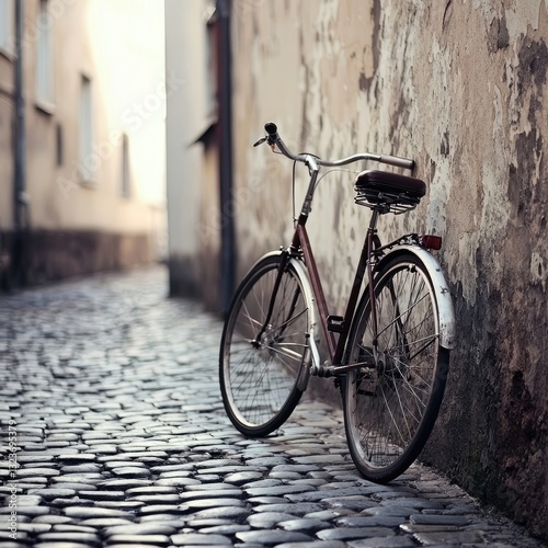 Vintage bicycle leaning against an old stone wall on a cobblestone street. Nostalgic atmosphere, classic transportation, rustic charm, timeless scene, travel memories. Generative AI.