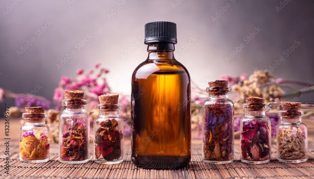 Natural oil bottle surrounded by small bottles with dried flowers, exuding a fresh, aromatic scent. Perfect for showcasing organic products, wellness, and botanical beauty