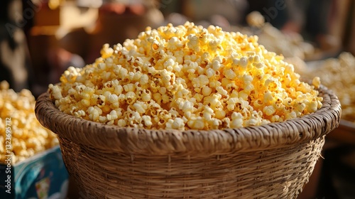 A vibrant cascade of yellow popcorn, like a golden waterfall, beckoned from a basket, its airy lightness promising a burst of joy and laughter for celebrations and gatherings.