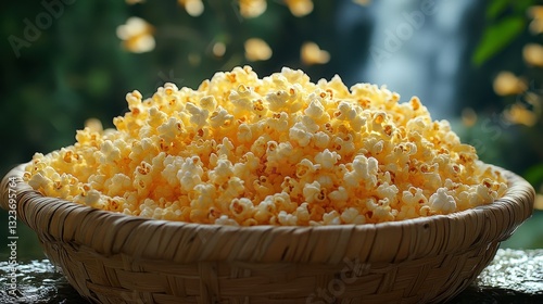 A vibrant cascade of yellow popcorn, like a golden waterfall, beckoned from a basket, its airy lightness promising a burst of joy and laughter for celebrations and gatherings.