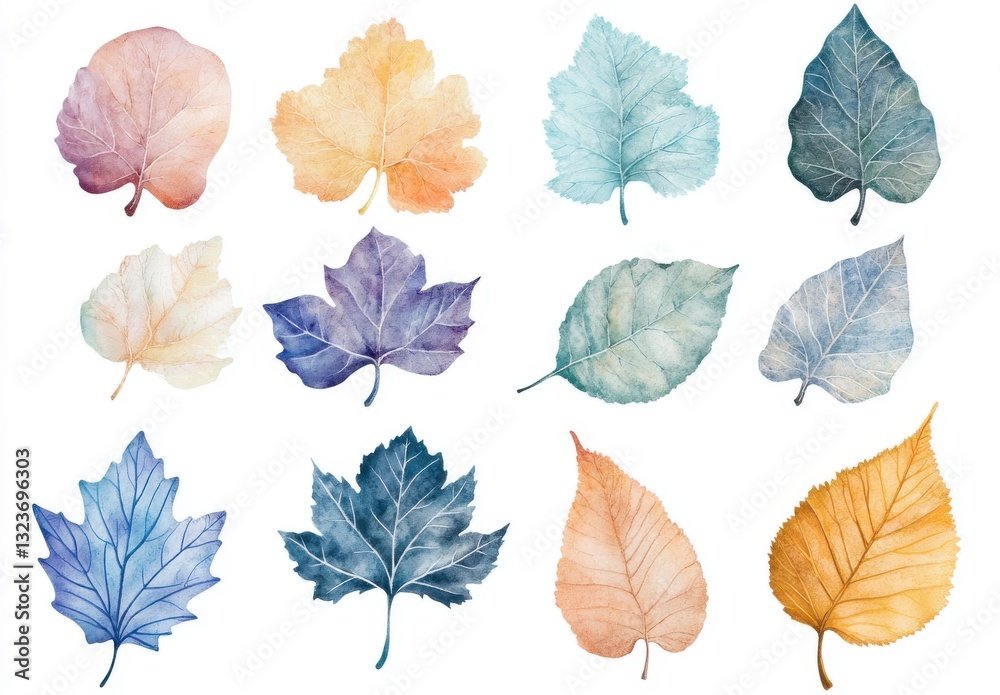 Fototapeta premium Watercolor Autumn Leaves Collection Blue, Beige, Purple, Yellow Hues