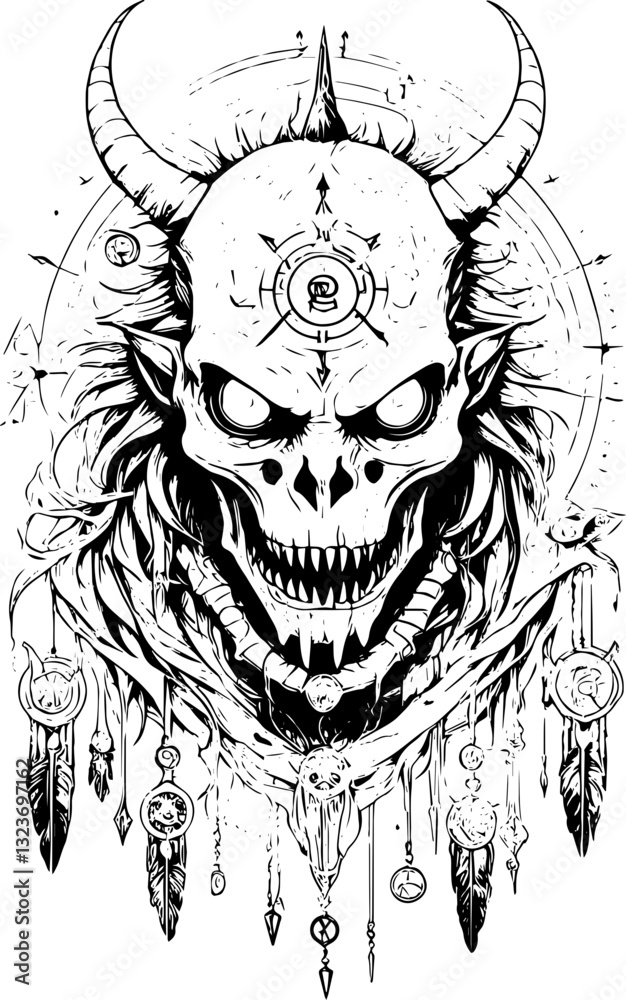 Fototapeta premium SVG vector features Frankenstein a Gothic horror monster. Intricate Black and White Skull Art with Horns and Symbols