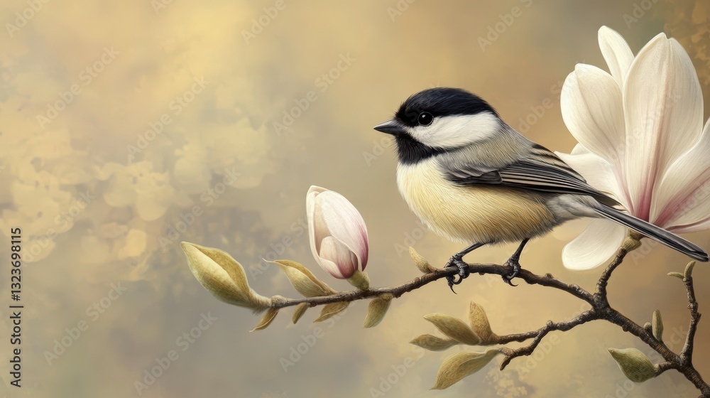 Obraz premium Gray And Black Bird On Magnolia Branch With Blossoms Soft Light And