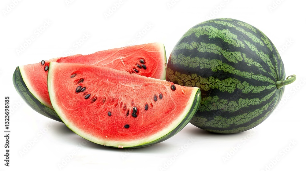 Whole and Slice of Ripe Watermelon Isolated on White Background: A Juicy and Refreshing Representation of Summer Fruits Whole and Slice of Ripe Watermelon Isolated on White Background: A Juicy and Refreshing Representation of Summer Fruits