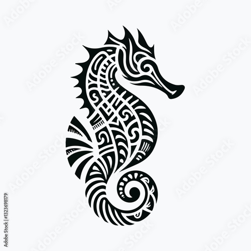 Oceanic Artistry: A stylized seahorse illustration, intricately designed in bold black lines, embodies marine life and Polynesian aesthetics. The image conveys ocean, culture and art.