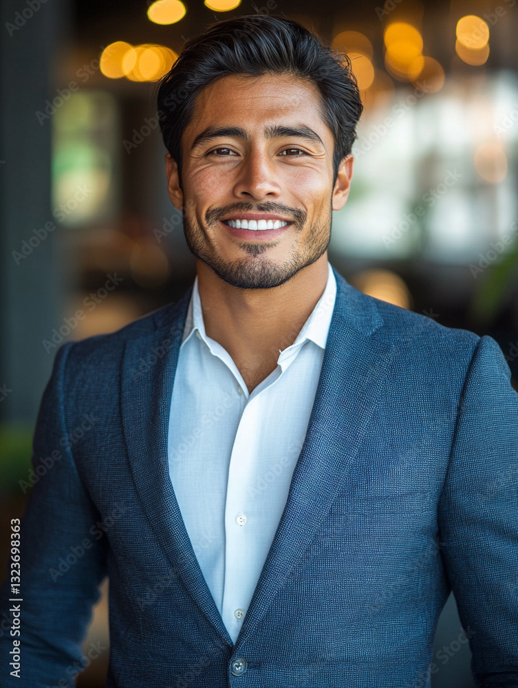 Confident young man smiling in stylish outfit indoors Confident young man smiling in stylish outfit indoors