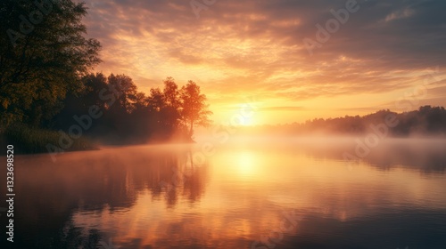 Misty Sunrise Over Calm Lake With Tree Reflections