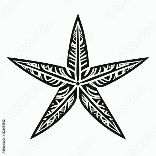 Starfish Symbol: A meticulously crafted, graphic illustration of a starfish in a tribal art style, showcasing intricate patterns and symmetrical design