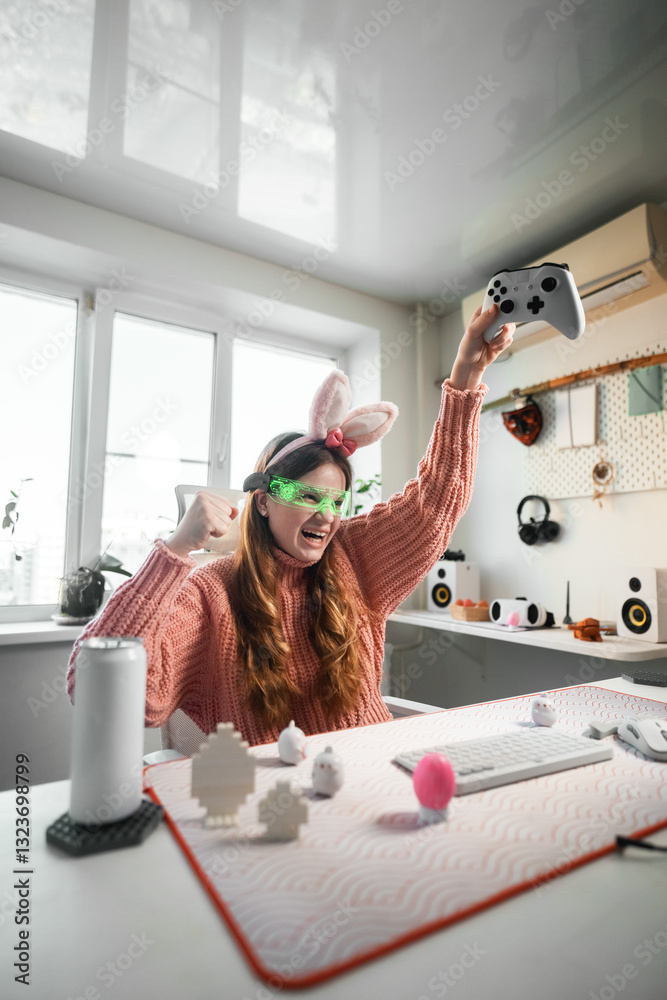 Fototapeta premium Young gamer embraces Easter season while playing in stylish gaming corner. Neon lights, festive mood, and joyful expressions highlight warm, friendly, and tech-savvy holiday ambiance.