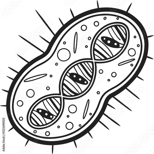 stylized bacteria cell illustration with dna strands microbiology, science, genetic research, microscopic organism, black and white design