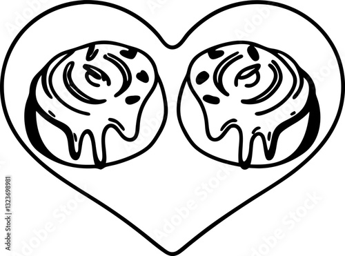 heart shaped cinnamon rolls illustration in black and white outline