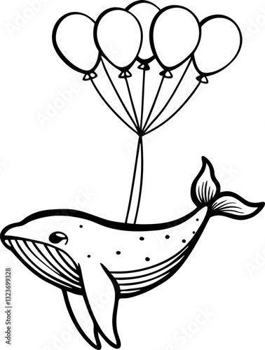 whale flying with balloons surreal marine illustration, whimsical fantasy, dreamlike ocean art