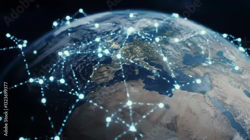 Global network connections over Earth view from space, digital communication lines linking continents, technology and worldwide connectivity concept