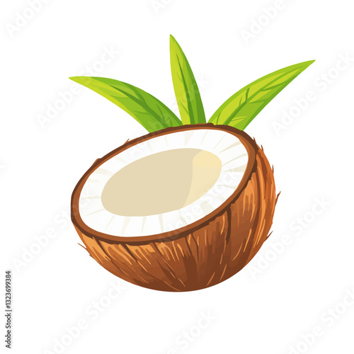 My Simple flat 2D icon sliced coconut with palm tree leaves isolated on transparent background, vector, flat design, animation design, simple flat 2D icon, clipart