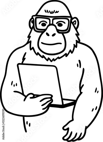 Illustration of a gorilla wearing glasses, holding a tablet, depicting technology use by animals