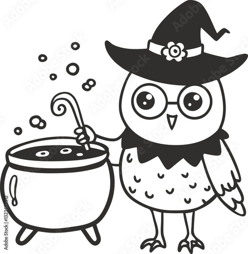 Halloween owl wizard with cauldron cute character in witch hat stirring potion