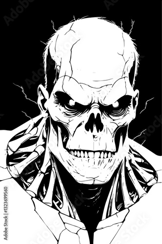 SVG vector features Frankenstein a Gothic horror monster. Dark Skull Illustration with Intense Expression and Detail