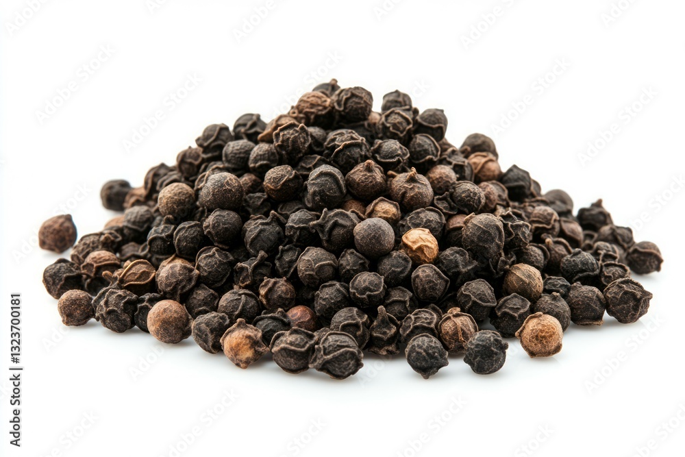 Pile of black peppercorns on white background. AI image Pile of black peppercorns on white background. AI image